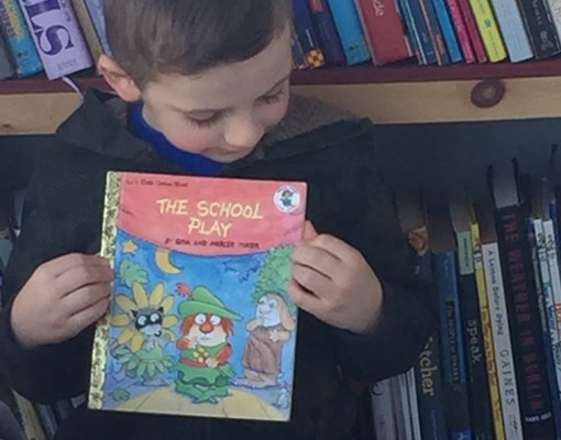 little boy in front of bookshelf holding up a book