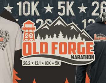 Old Forge Marathon logo with a shirt and sweatshirt merch on both sides of the logo with trees and the different types of races in the background
