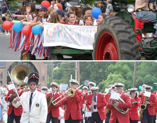 split image with kids marching on the top and a band marching on the bottom