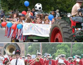 split image with kids marching on the top and a band marching on the bottom