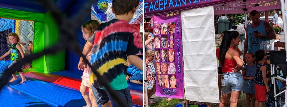 kids in bouncy house on left, face painting vendor on right