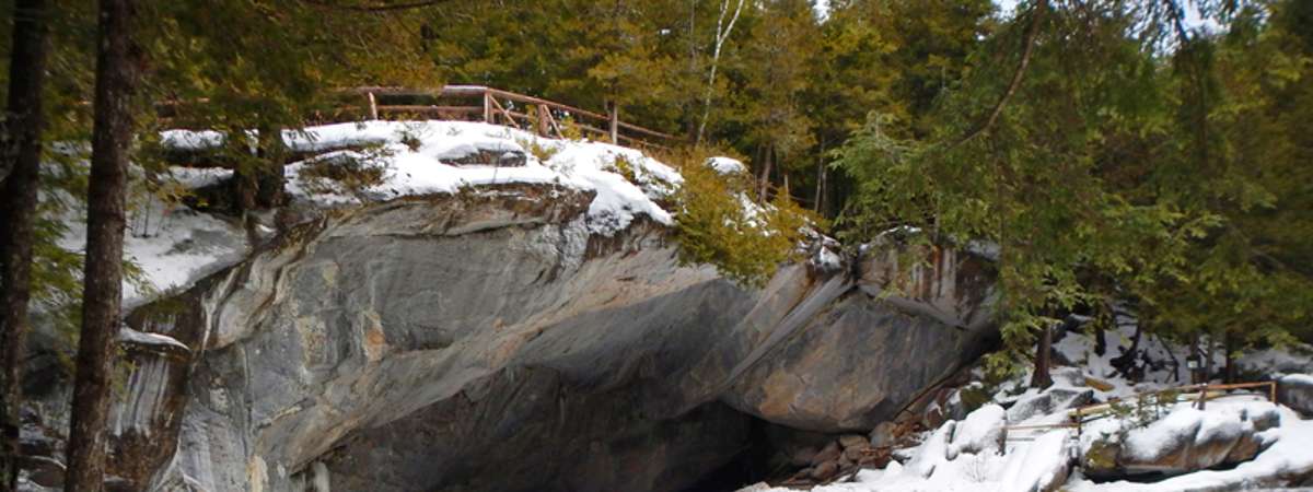 The Natural Stone Bridge cave entrance in winter
