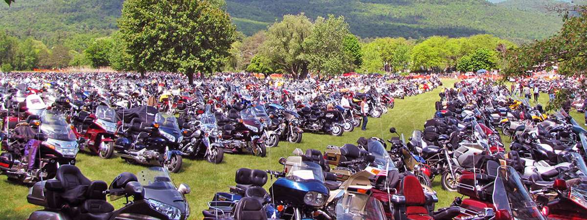 a large group of motorcycles on a grassy field