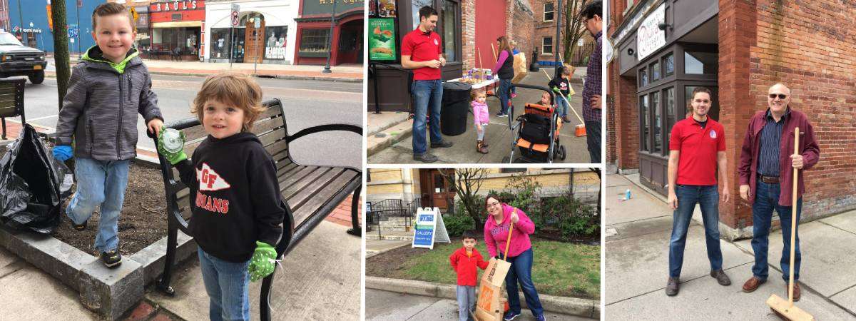 collage of kids and adults participating in glens falls cleanup day
