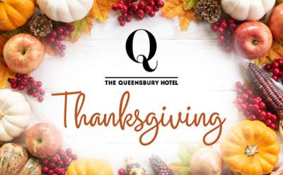 thanksgiving at the queensbury hotel graphic with gourds