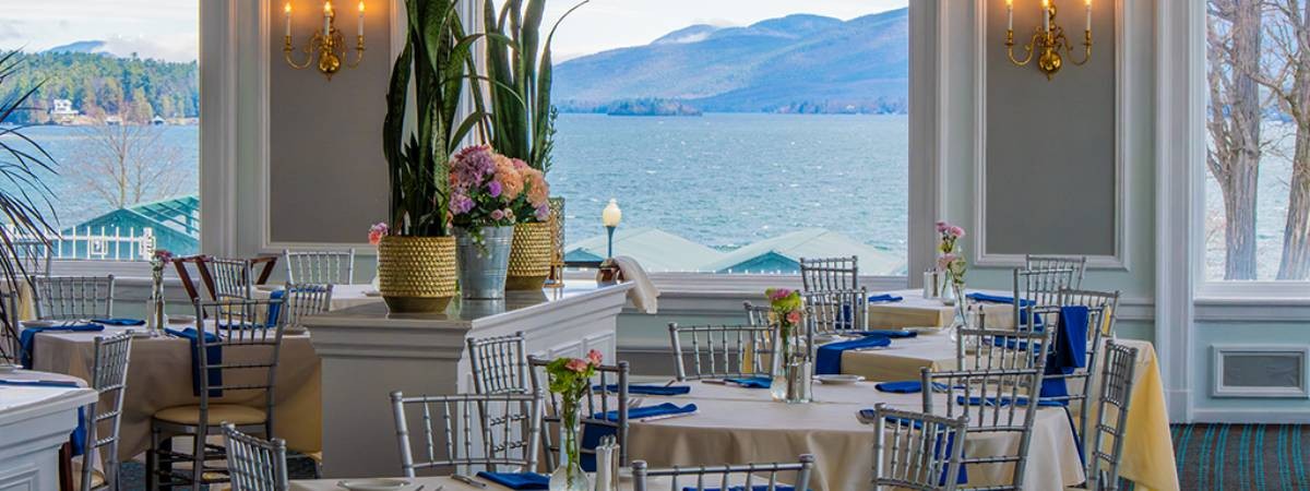 restaurant set up with lake views