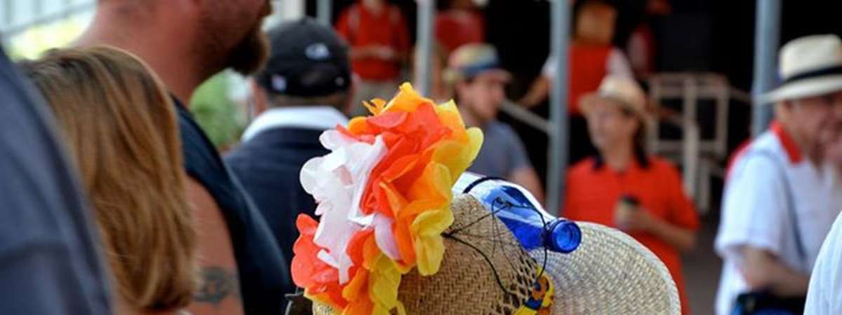 a hat with orange and yellow decorations