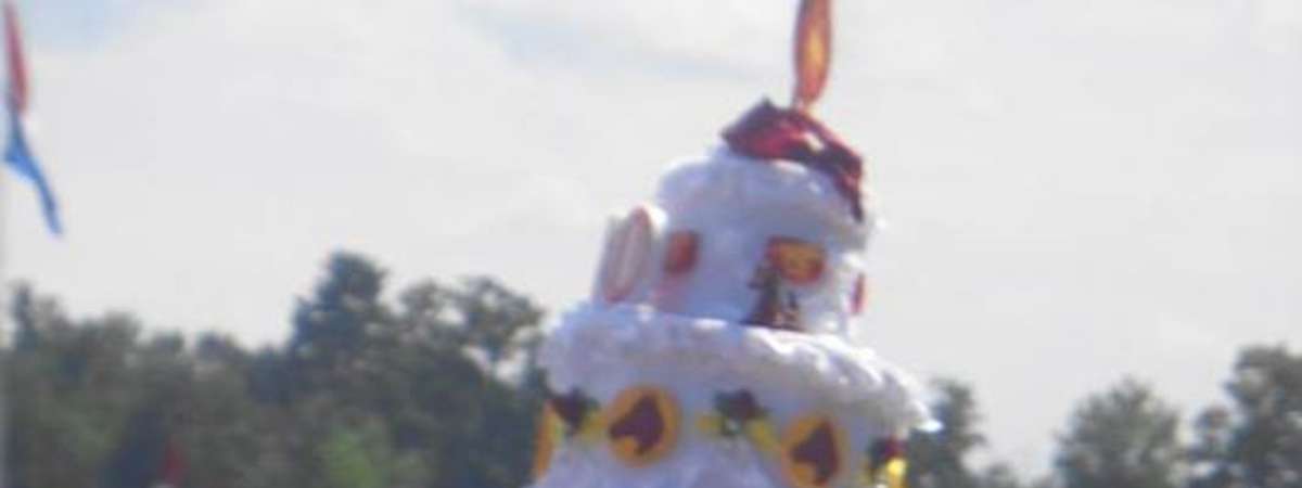 woman with a giant hat in the shape of a cake