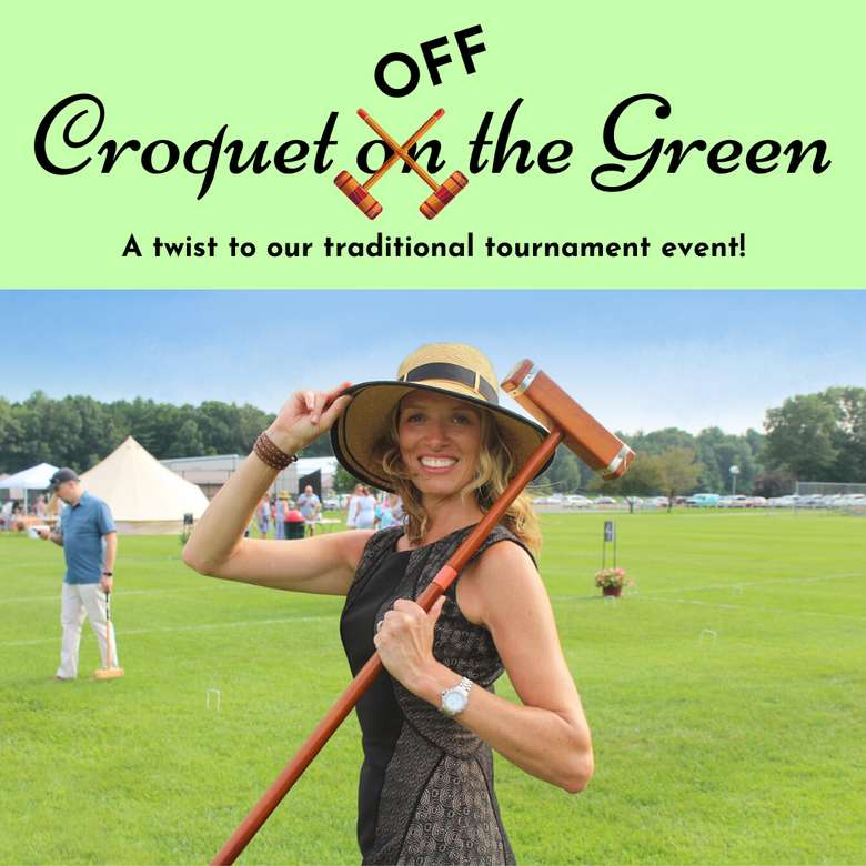 Croquet OFF the Green a twist to our traditional tournament event image with a woman with a hat and croquet mallet over shoulder