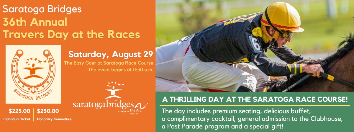 A jockey wearing a yellow hat riding a horse in a race with the Saratoga Bridges logo surrounded by a horseshoe.