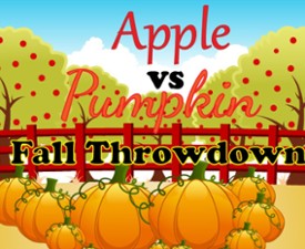 apple vs pumpkin graphic with apple trees on one side of fence and pumpkin patch on other