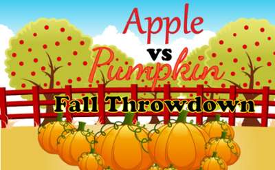 apple vs pumpkin graphic with apple trees on one side of fence and pumpkin patch on other
