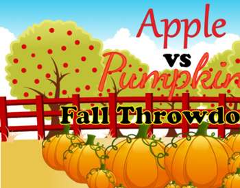 apple vs pumpkin graphic with apple trees on one side of fence and pumpkin patch on other