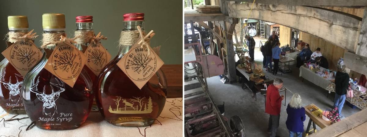 maple syrup and inside a maple sugar house