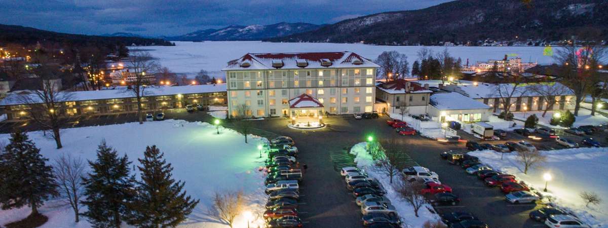 aerial view of hotel in winter