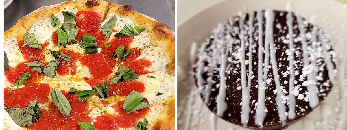 collage of chocolate dessert, pizza, and Italian dish