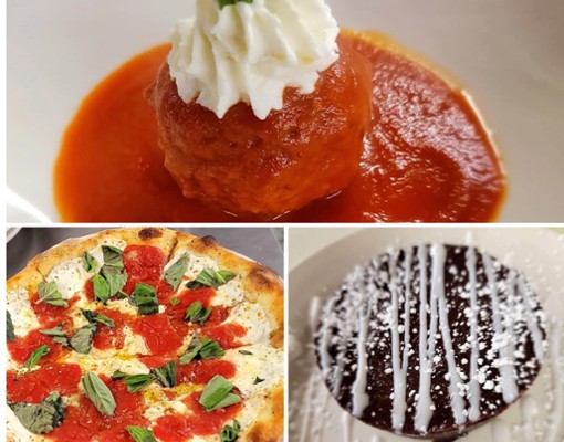 collage of chocolate dessert, pizza, and Italian dish