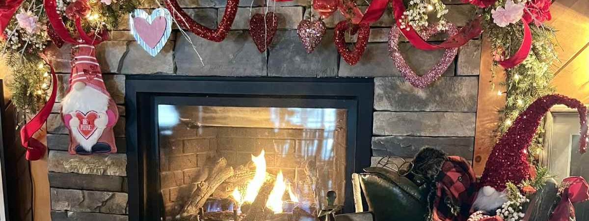 fireplace area decorated for valentine's day