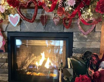 fireplace area decorated for valentine's day