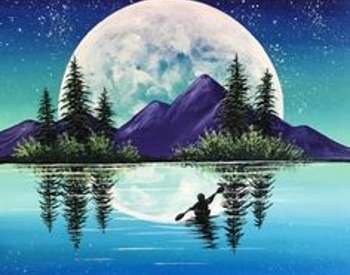 painting of a person kayaking into the moon