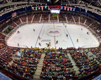 A full house for a hockey game at the Lake Placid Olympic Center's 1980 Herb Brooks Arena.