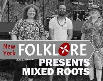 Black and white photo of the band with New York Folklore logo and The Linda Logo