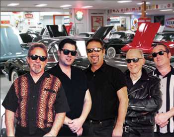 five men in sunglasses pasted in front of a background of corvette cars