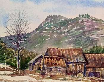 painting of cabin and mountains