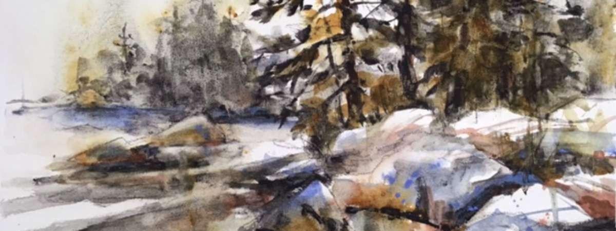 a watercolor image of rocks and trees