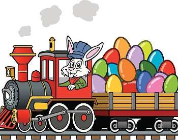 cartoon image of a bunny as a train conductor pulling a cart full of easter eggs