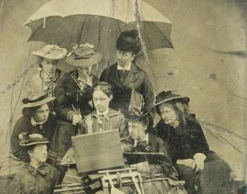 Archival tin type photo of Julie Hart Beers, instructing fellow women artists