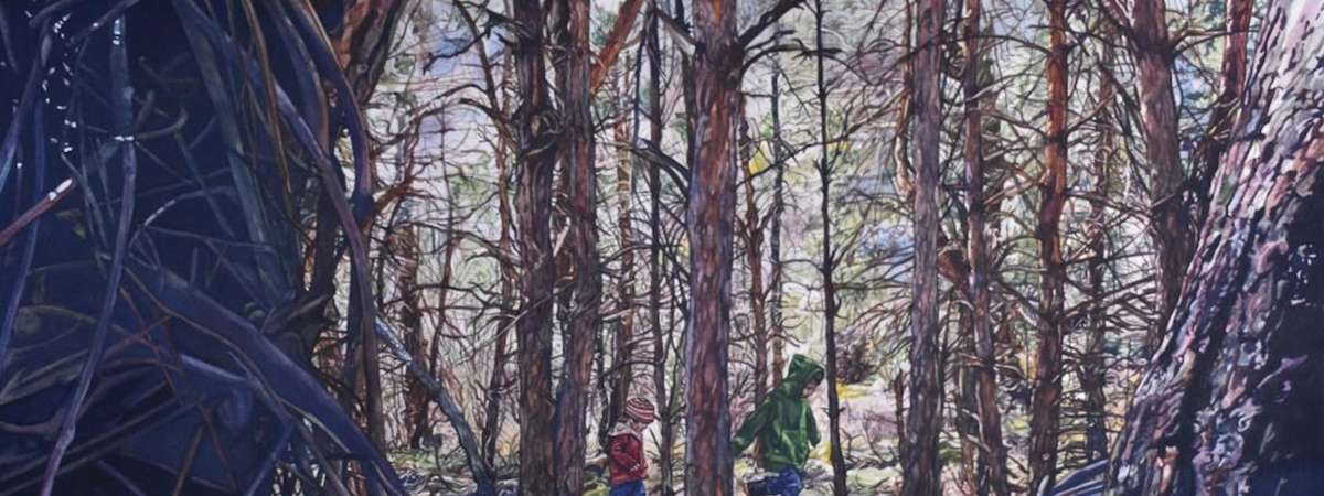 art of two kids walking through a forest