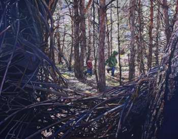 art of two kids walking through a forest