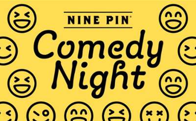 yellow background with black emojis, text reads comedy night