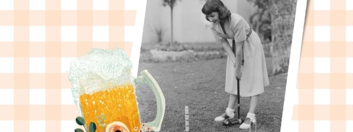 Black and white image of a woman playing Croquet with peach gingham backdrop