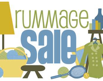 graphic of a lamp, basket with yarn, coat, stool with books Rummage Sale