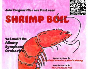This is a flyer about this Shrimp Boil at June Farms to benefit the Albany Symphony!