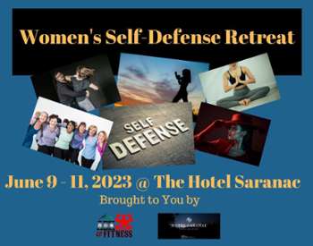 women's self-defense retreat poster with collage of tough looking women, hotel saranac and ADK boxing logos