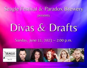 divas & drafts poster with pink and purple lights background