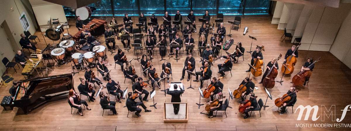 aerial view looking down on orchestra concert