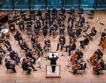 aerial view looking down on orchestra concert