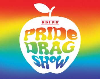 rainbow gradient background, white apple with text inside that reads pride drag show