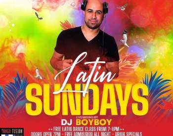 Latin Sundays w/ DJ BoyBoy flyer: shows dj boyboy in front of colorful rainbow backdrop