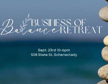Business of Balance Retreat flyer with stack of rocks