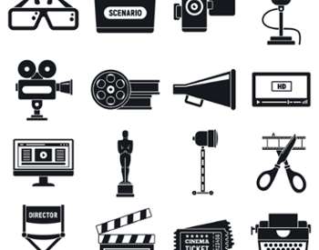 movie clipart with film reel, director's chair, etc.