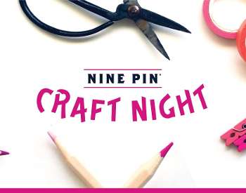 white background with craft supplies, pink text reads craft night