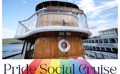 Pride Social cruise flyer with rainbow and Horicon boat