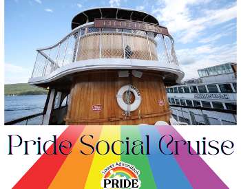 Pride Social cruise flyer with rainbow and Horicon boat