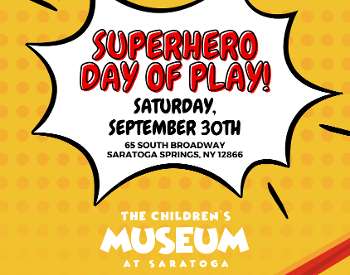 Superhero day of play flyer with same information as event description