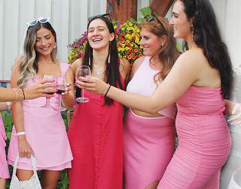 women in pink cheersing, drink pink logo on the right